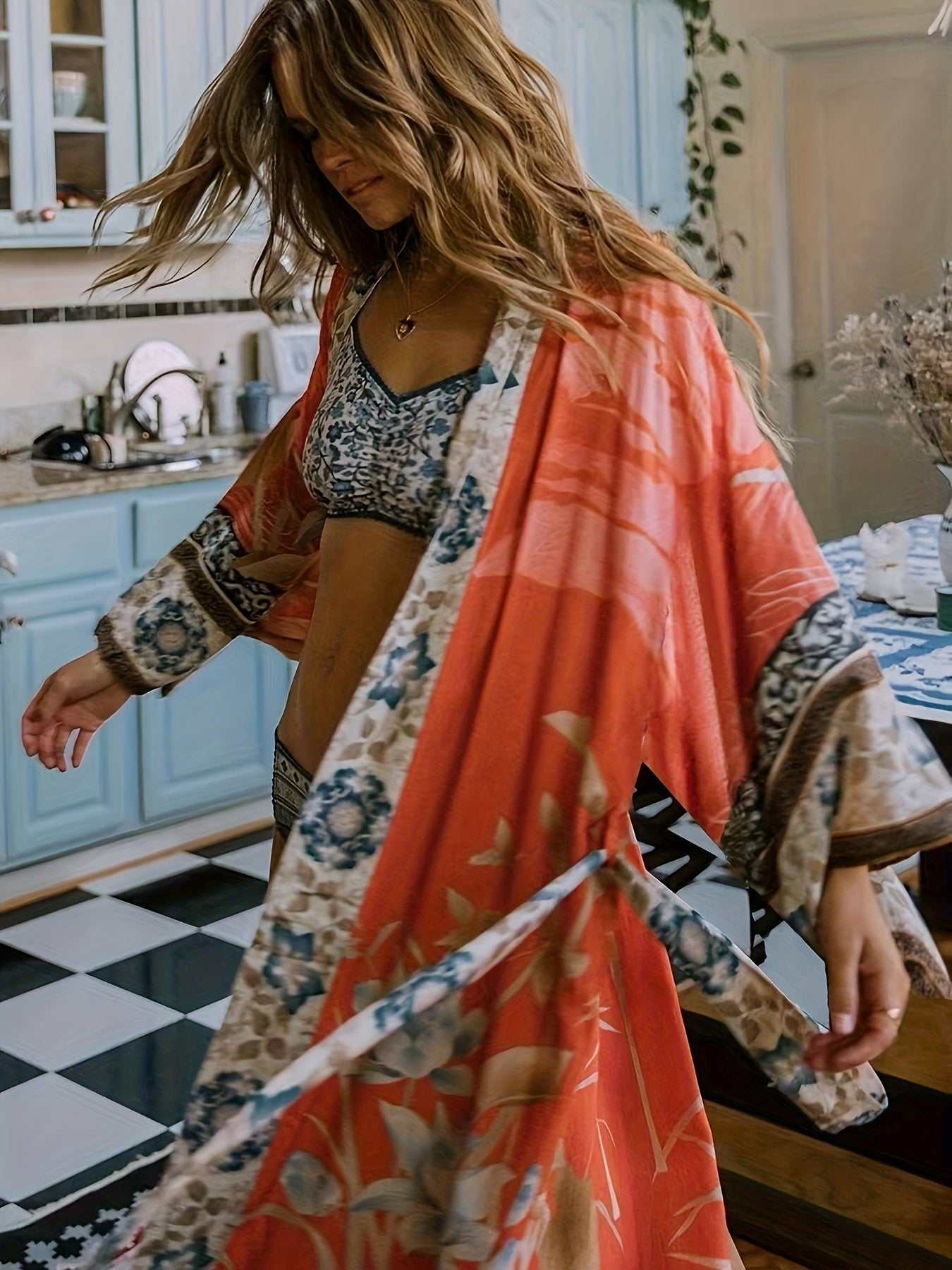 Greta | Women's kimono dress with belt print