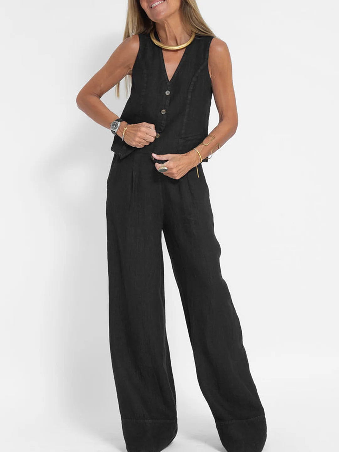 Aaliyah | Women's linen set V-neck wide-leg pants