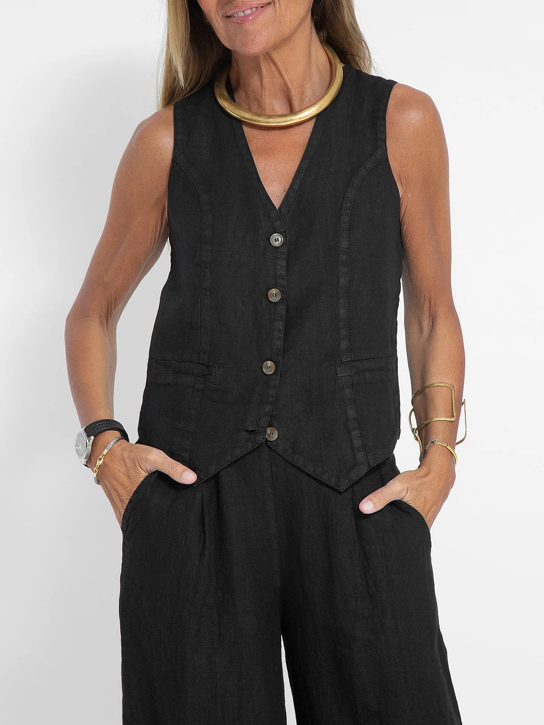 Aaliyah | Women's linen set V-neck wide-leg pants