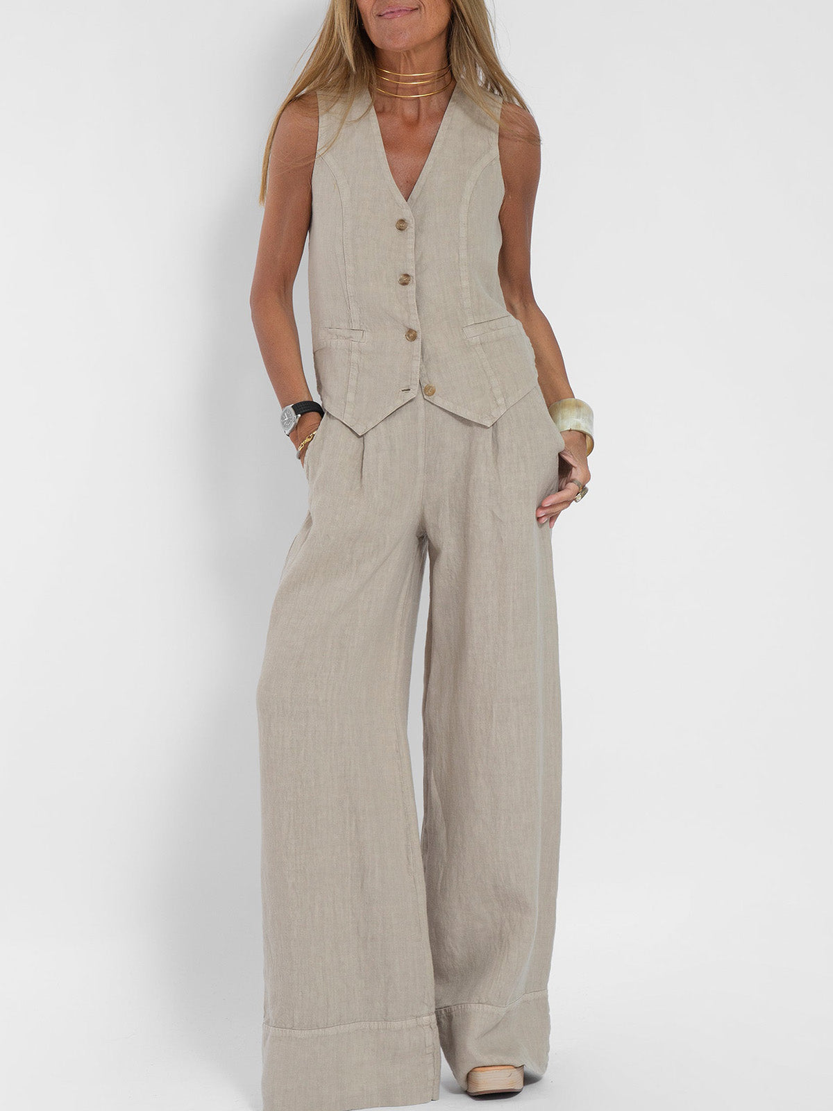 Aaliyah | Women's linen set V-neck wide-leg pants