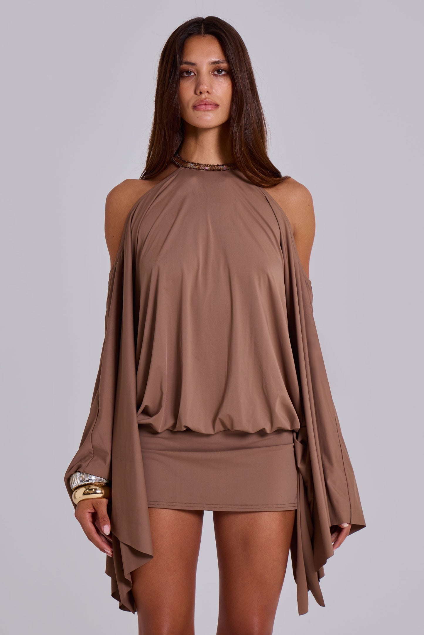 Yareli | Women's mini dress with off-shoulder draped sleeves