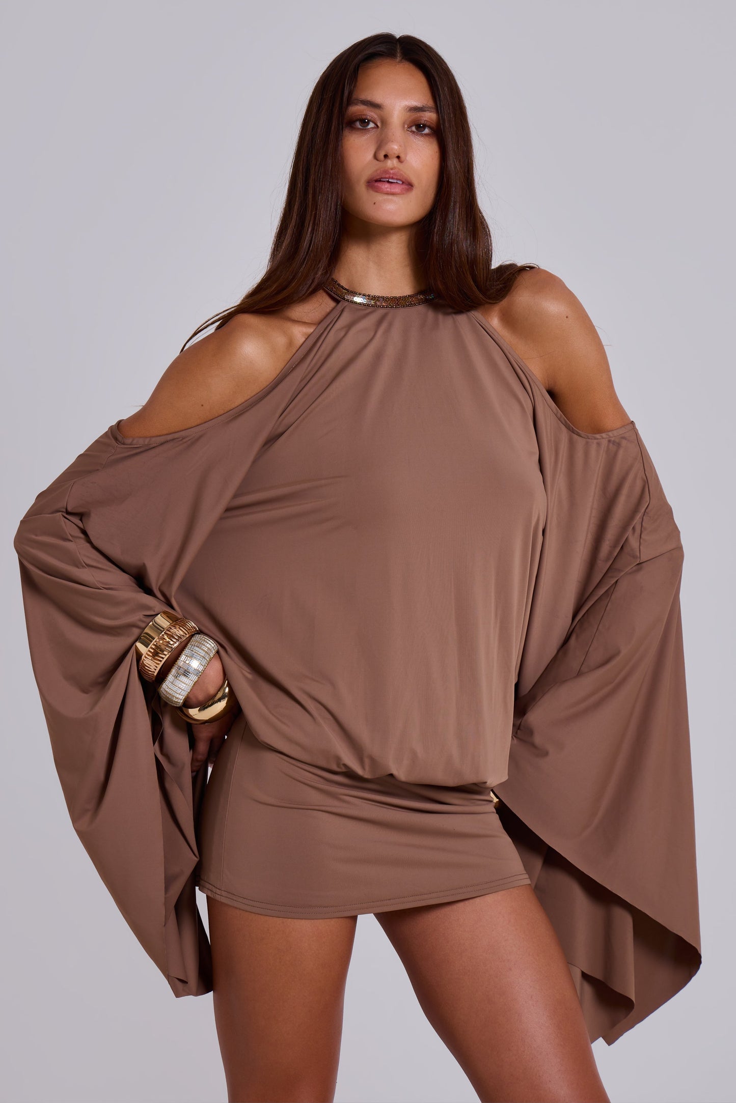Yareli | Women's mini dress with off-shoulder draped sleeves