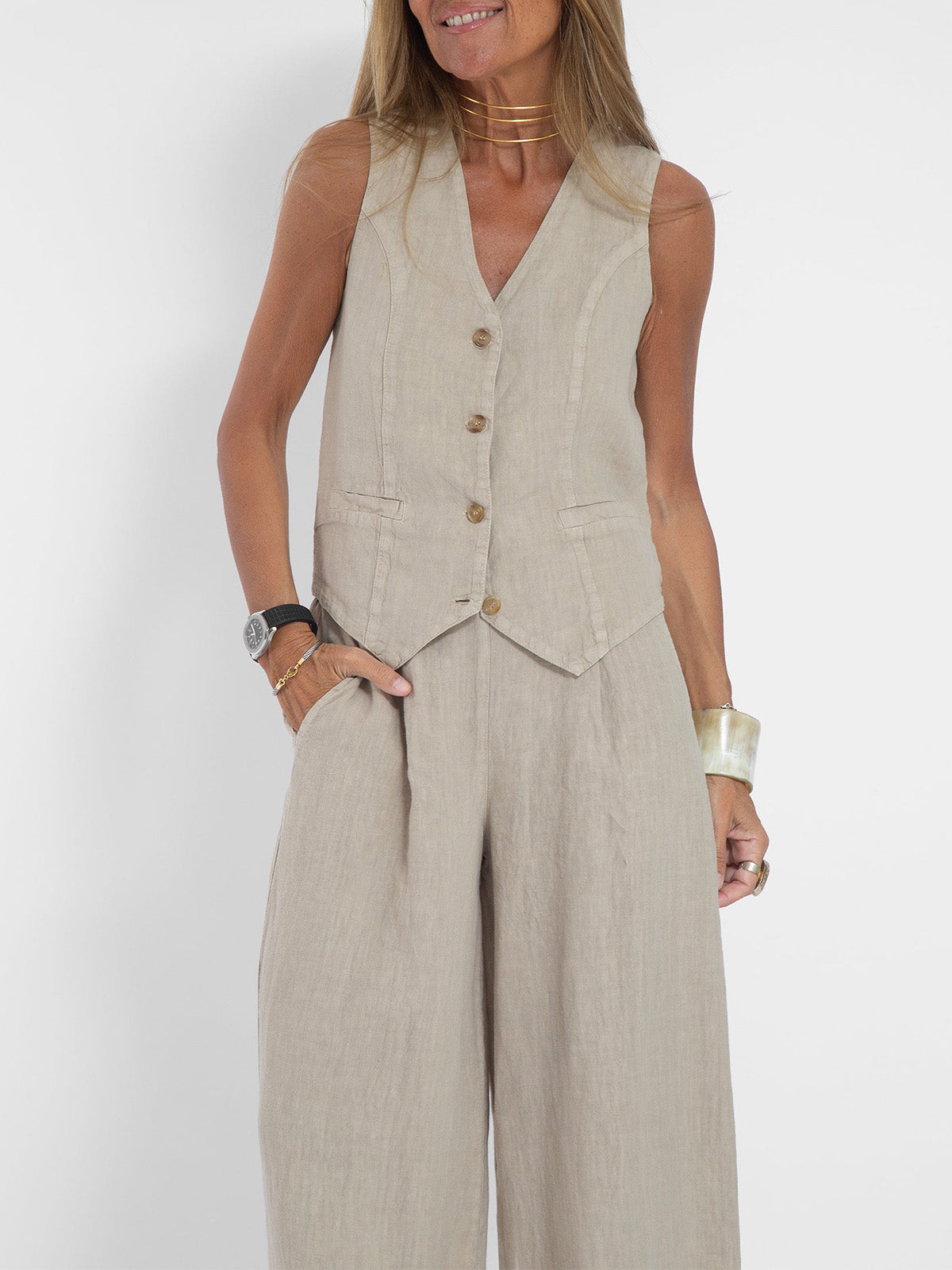 Aaliyah | Women's linen set V-neck wide-leg pants
