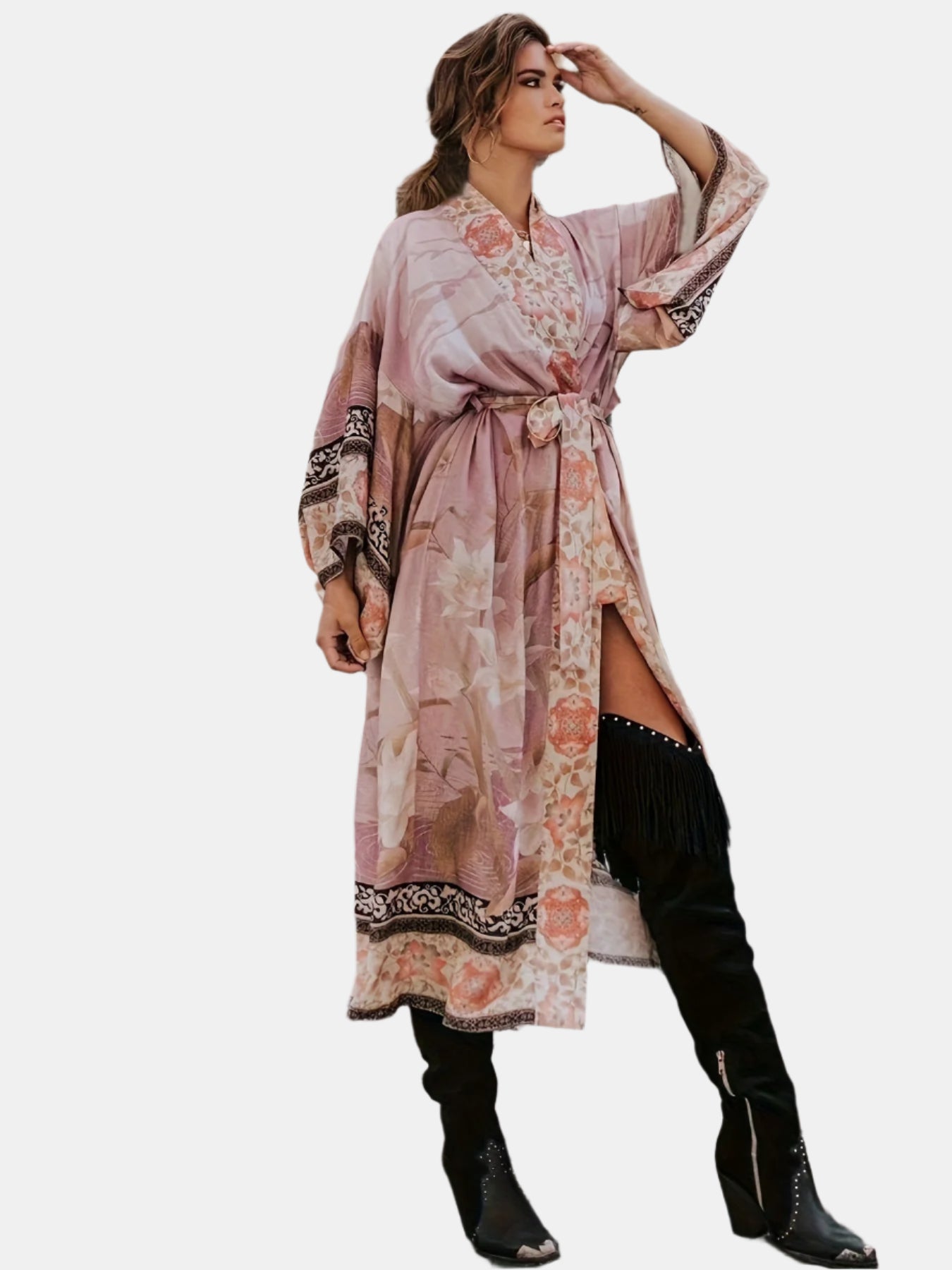 Greta | Women's kimono dress with belt print