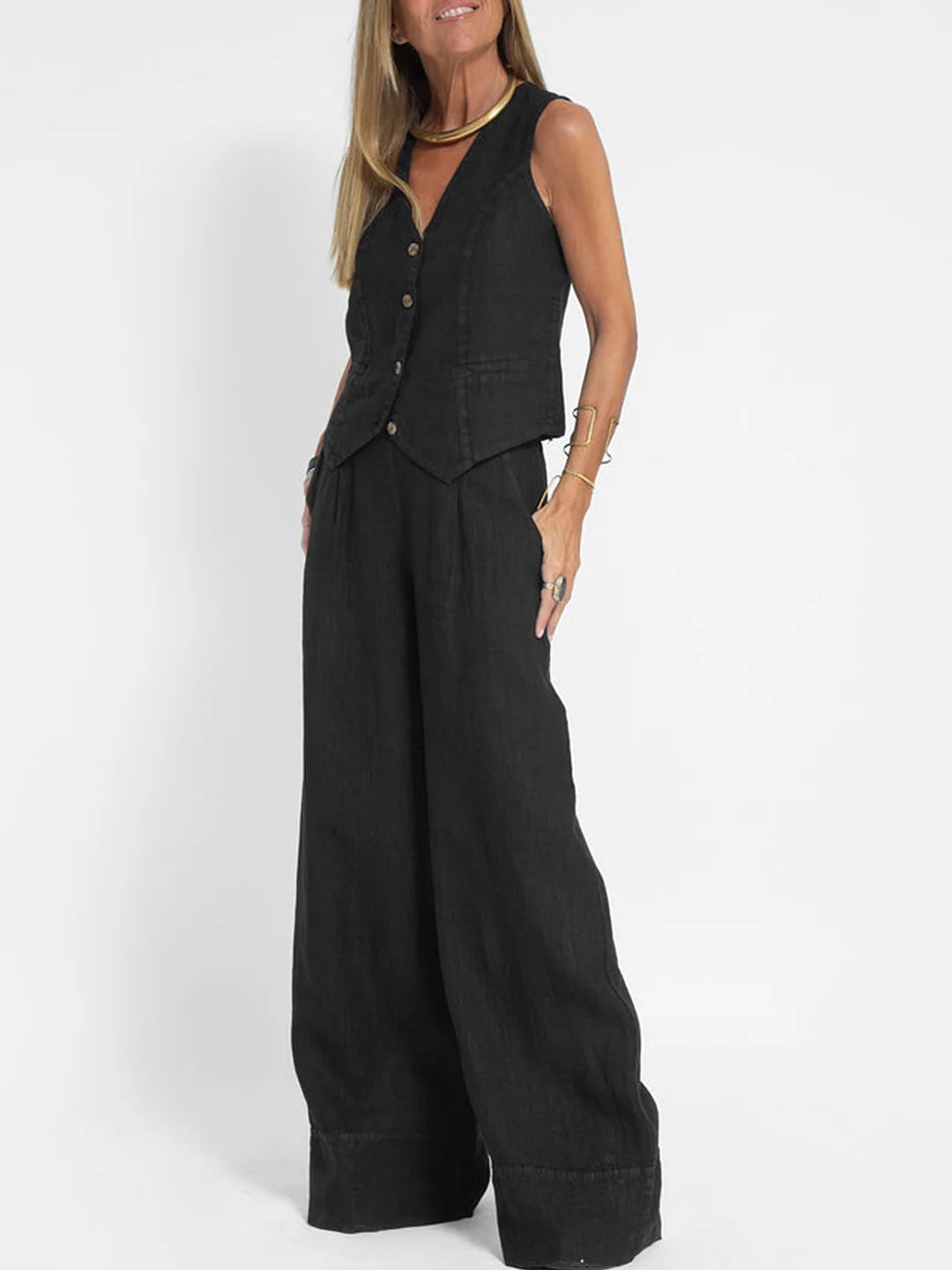 Aaliyah | Women's linen set V-neck wide-leg pants
