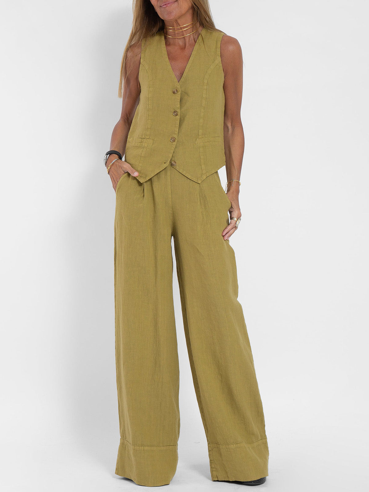 Aaliyah | Women's linen set V-neck wide-leg pants
